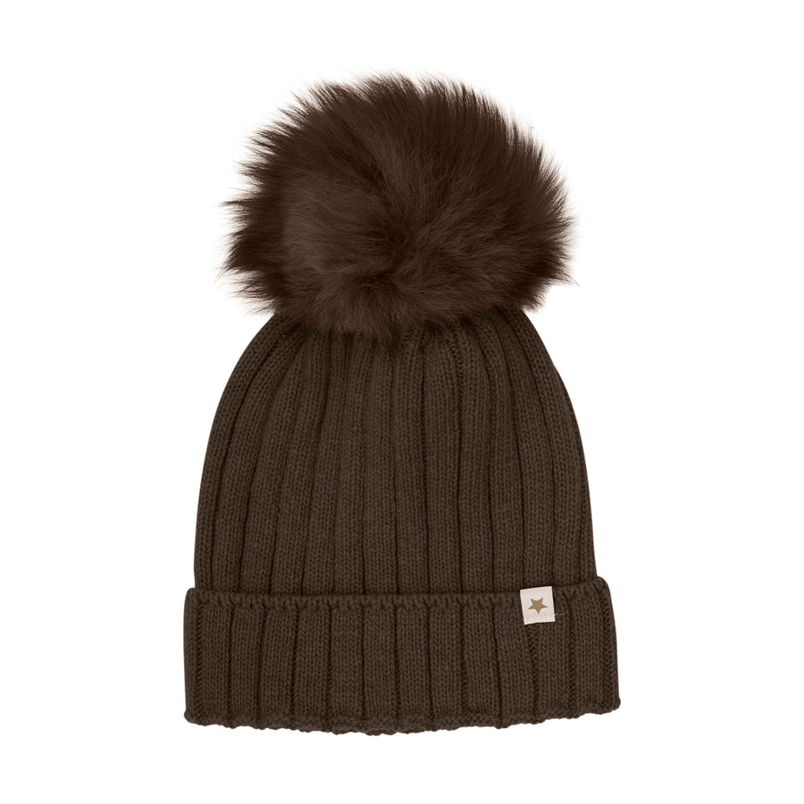 Húfa - Ull - Pom - Dark Brown Melange