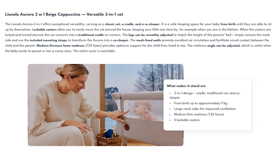 Lionelo Arora 3in1 Co-sleeper – Vagga - Cappuchino